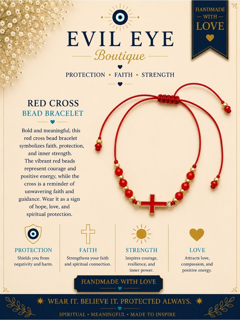 Red Cross Bead Bracelet - Handmade Spiritual Protection